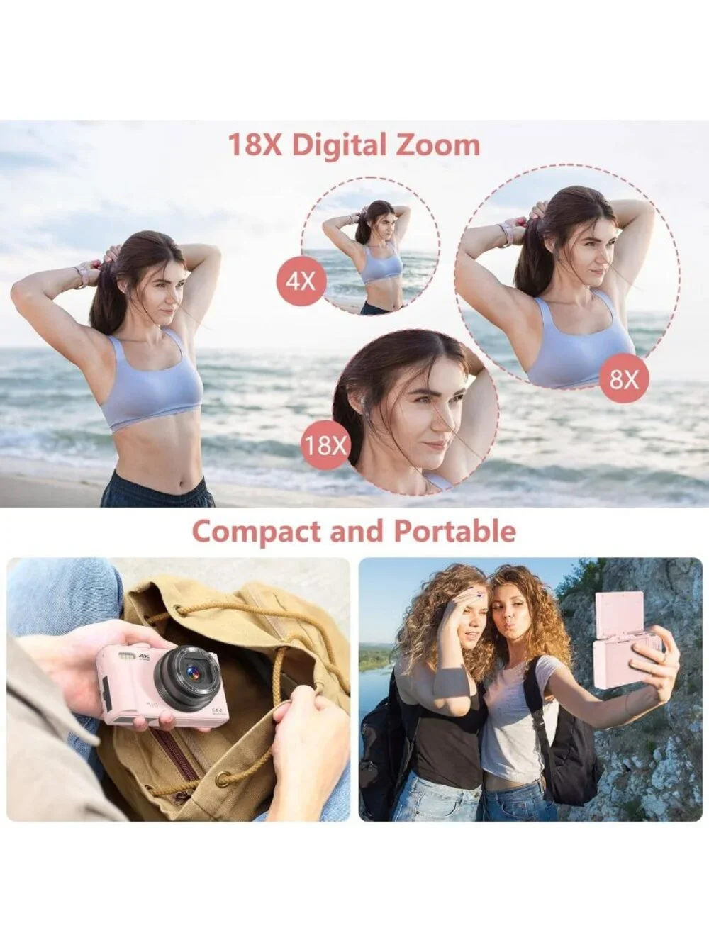 Compact 4K Vlogging Camera with 180° Flip Screen, 18X Zoom, 32GB Card & 2